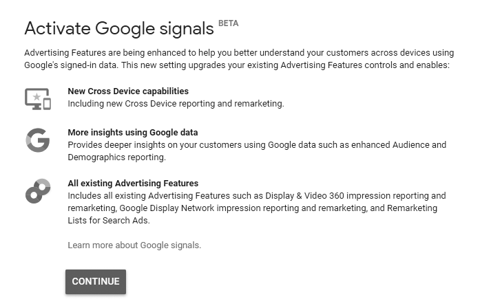 Activate Google Signals Page
