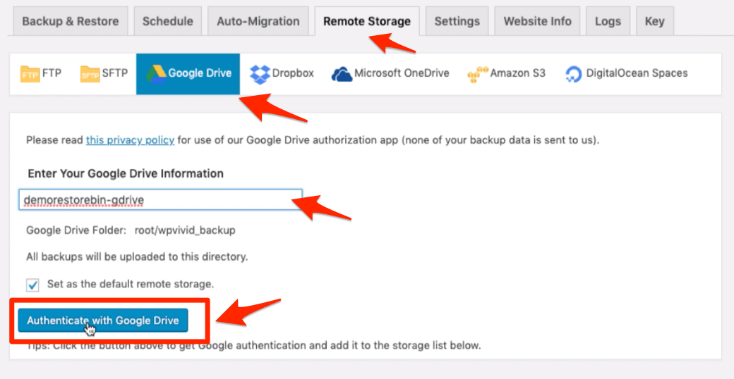 Authenticate Remote Backup in Google Drive