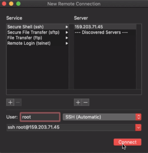 Connect root user in New Remote Connection using Terminal App