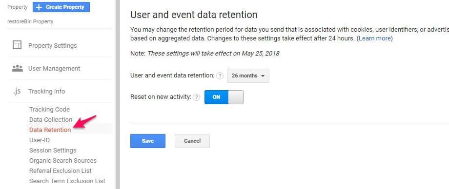Data Retention Setting - Google Analytics