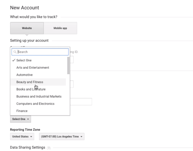 Google Analytics Sign Up form Industry Category