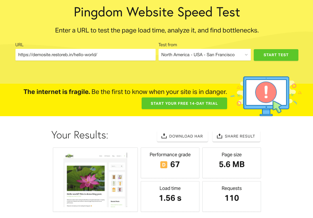 Pingdom Test Performance Result for SSD storage on GCP