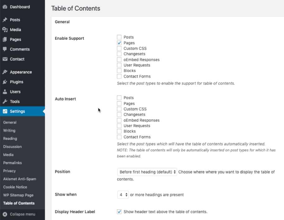 Table of Contents Plugin Settings