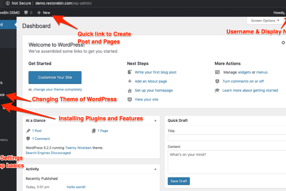 WordPress Login: Dashboard and Settings at First login 1