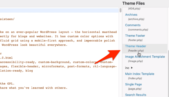 WordPress Theme header.php file location