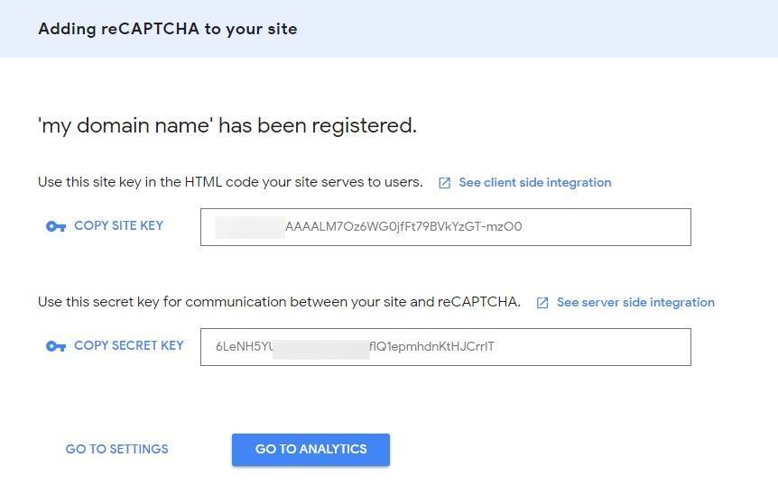 reCAPTCHA site key and secret key